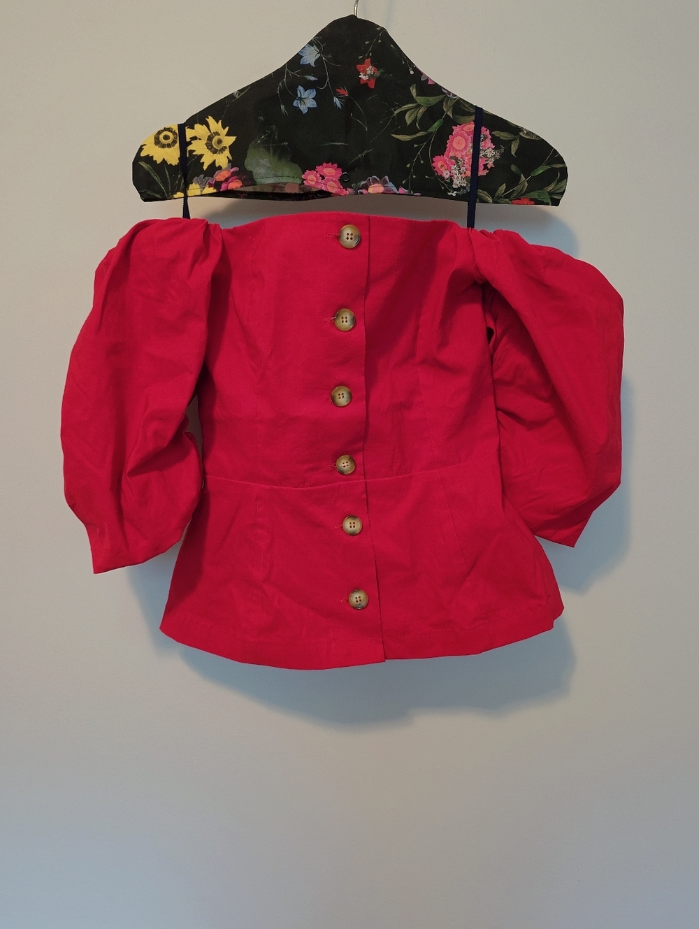 Sea New York Red Linen Cotton Button Top Puff Sleeves Off Shoulder Size US 0